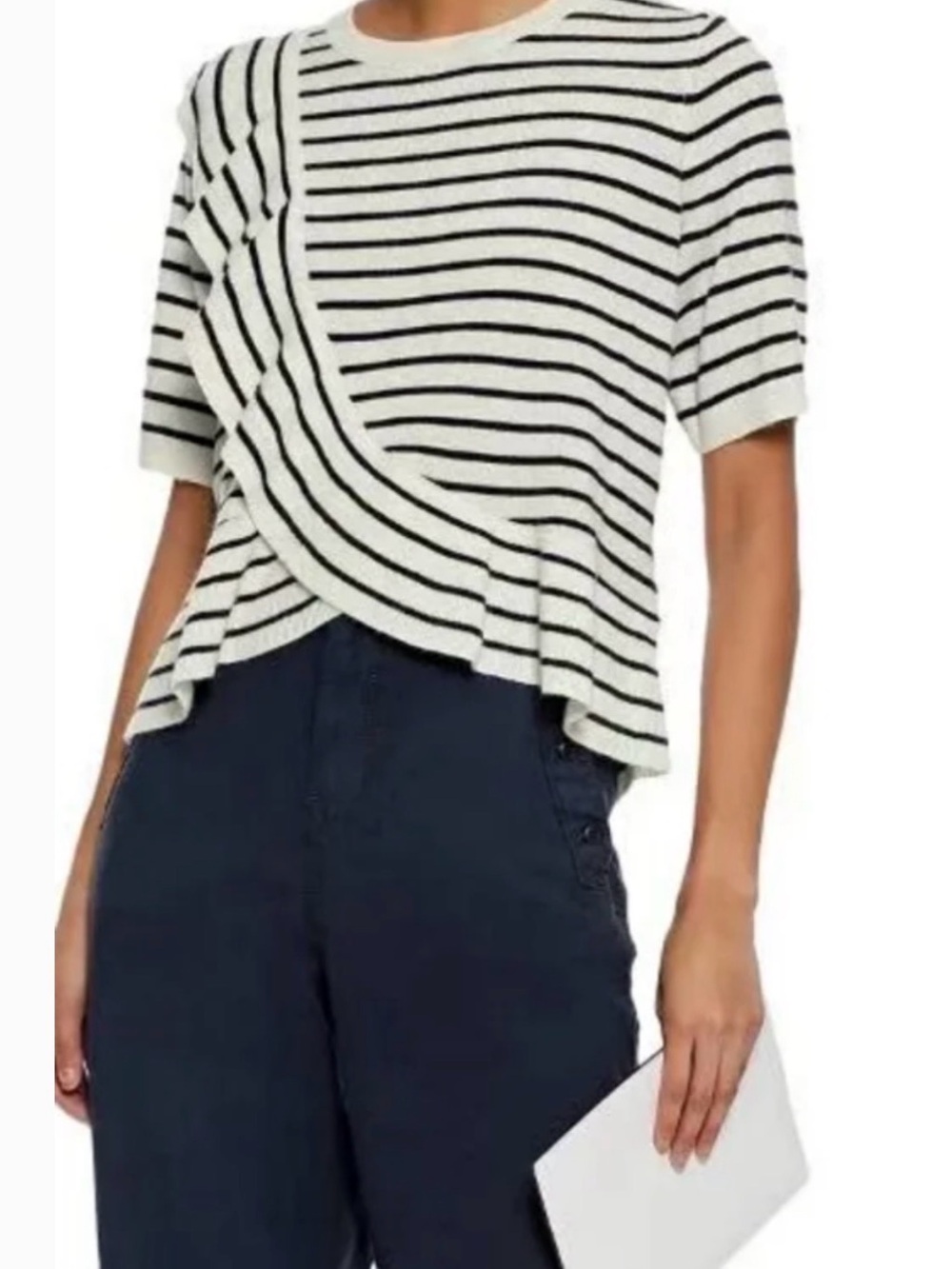 Joie Striped Short-Sleeve Draped Hem Top - Black/White